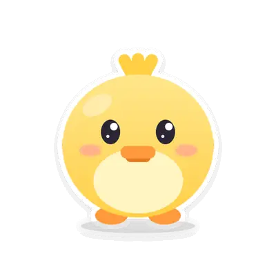 Penny, a round yellow chick with a three-tuft crest, smiling with closed eyes